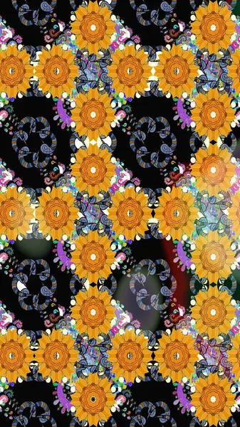 Düz Çiçek Elementleri Tasarım Raster illüstrasyonu. Çiçekli çiçek deseni, suluboya. Siyah renkli çiçekler. Renkli Bahar Teması Eskiz Şablonu.