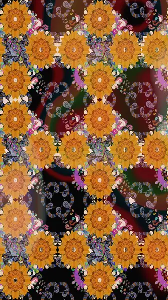 Parmak izi, kumaş, duvar kâğıdı, tekstil için raster dokusu. Renkli grunge, soyut arkaplanı koloturuncu çiçeklerle süslüyor. Nakış desenli çiçek deseni..