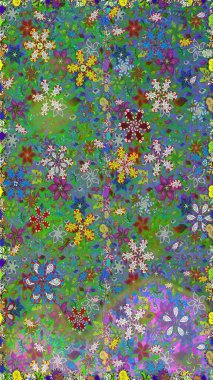 Renkli Bahar Temalı Kusursuz Arkaplan. Raster illüstrasyonu. Yeşil renkli çiçekler. Çiçekli, suluboya desenli kusursuz çiçek deseni. Düz Çiçek Elementleri Tasarımı.