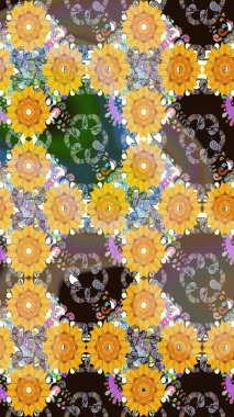 Renkli Bahar Teması eskiz kalıbı. Asya tekstil tarzında. Raster illüstrasyonu. Düz Çiçek Elementleri Tasarımı. Çiçek desenli çizim. Güzel kumaş deseni.