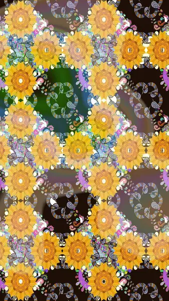 Renkli Bahar Teması eskiz kalıbı. Asya tekstil tarzında. Raster illüstrasyonu. Düz Çiçek Elementleri Tasarımı. Çiçek desenli çizim. Güzel kumaş deseni.