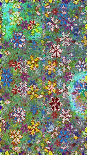 Raster illüstrasyonu. Yeşil ve mavi renklere karalamalar çizen kusursuz çiçek deseni.