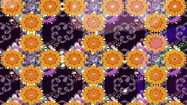 Siyah ve sarı renklere karalamalar çizen kusursuz çiçek deseni. Raster illüstrasyonu.