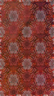 Kahverengi ve kırmızı renklerde parlak çiçekli halı deseni.