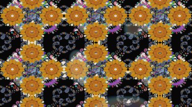 Raster illüstrasyonu. Nazik, yaz çiçekleri siyah renklerde. Raster çiçek desenli ve çiçekli..