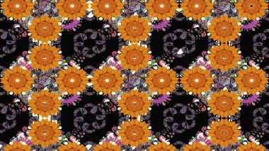 Siyah renkli çiçekler. Hediye ambalaj kağıdı, tebrik kartları, posterler ve pankart tasarımı. Raster düz çiçek çizim deseni.