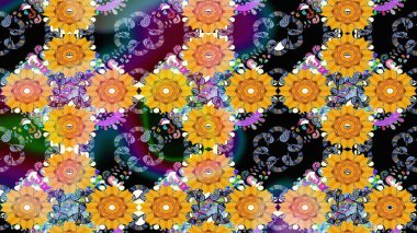 Parlak renkli çiçekli ve sarı yapraklı harika bir çiçek deseni. Halk tarzı. Moda baskıları için zarif bir şablon. Modern çiçek arkaplanı.