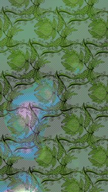 Raster illüstrasyonu. Raster illüstrasyonu. Asya tekstil tarzında. Çiçek desenli çizim. Yeşil ve gri renkte çiçekler.