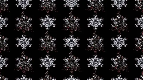 Çiçek desenli çizim. Raster illüstrasyonu. Raster illüstrasyonu. Siyah renkli çiçekler. Asya tekstil tarzında.