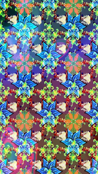 Motley illüstrasyonu. Küçük çiçekte güzel bir desen. Moda baskıları için zarif bir şablon. Çiçekli bahar çiçekleri. Küçük renkli çiçekler..