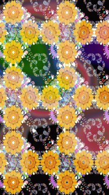 Parlak çiçekli kolaj çiçeği sarısı. Çiçekli zambakların eskiz geçmişi. Çiçek tasarımı için inanılmaz kolaj cennet tarzı..