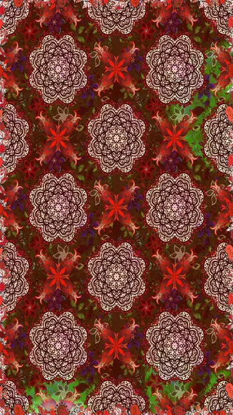 Çiçeksel elementlerle süslenmiş zarif raster dokusu. Kahverengi ve kırmızı renklerde parlak çiçekli, soyut, pürüzsüz desen. Küçük çiçekte şirin bir çiçek deseni var..