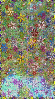 Yeşil ve nötr küçük çiçekler ve yeşil ve nötr renklerdeki komik böcekler, raster desen, illüstrasyon.