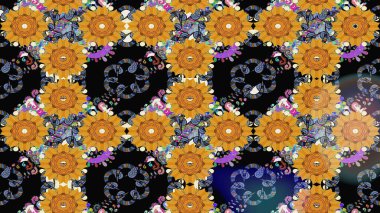 Şirin çiçekli, desenli, siyah renkli renkli bir eskiz. El çizimi çiçek çizimi deseni (fayans). Tekstil için suluboya çizim deseni.