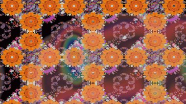 Raster deseni. Patlayan çiçekler soyut olarak yerleştirilmiş. Turuncu renklerde bahar çiçekleri. Raster illüstrasyonu.