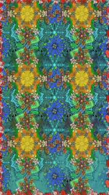 Kusursuz çiçek deseni. Asya tekstil tarzında. Raster illüstrasyonu. Mavi ve yeşil renkli çiçekler. Raster illüstrasyonu.