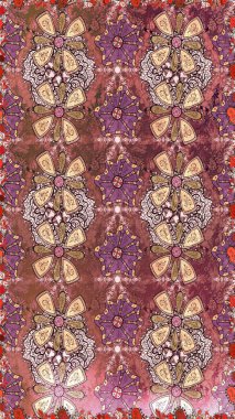 Kabile sanatı boho baskısı, klasik çiçek arkaplanı. Soyut etnik raster kusursuz desen. Arkaplan dokusu, duvar kağıdı, kahverengi ve pembe renkli çiçek teması.