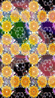 Parlak çiçekli kolaj çiçeği sarısı. Çiçekli zambakların eskiz geçmişi. Çiçek tasarımı için inanılmaz kolaj cennet tarzı..