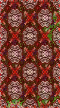 Çiçeksel elementlerle süslenmiş zarif raster dokusu. Kahverengi ve kırmızı renklerde parlak çiçekli, soyut, pürüzsüz desen. Küçük çiçekte şirin bir çiçek deseni var..