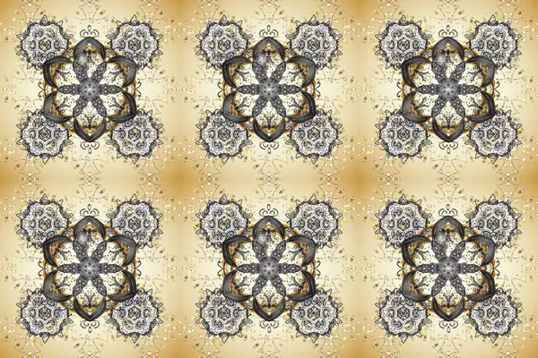 Bej, gri ve nötr renklerde altın çiçekli altın desenler. Raster geometrik arka plan. Senin tasarımın için, duvar kağıdı. Altın rengi kusursuz illüstrasyon.