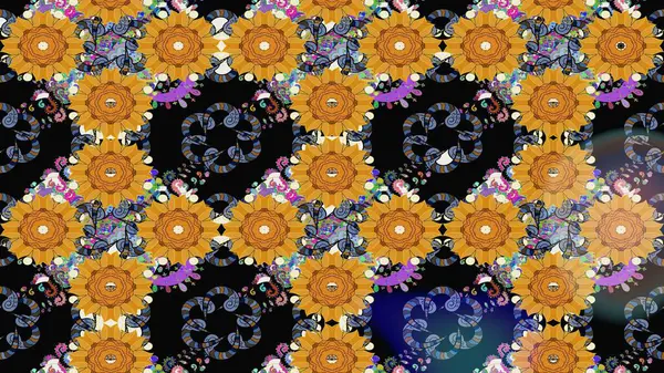 Şirin çiçekli, desenli, siyah renkli renkli bir eskiz. El çizimi çiçek çizimi deseni (fayans). Tekstil için suluboya çizim deseni.