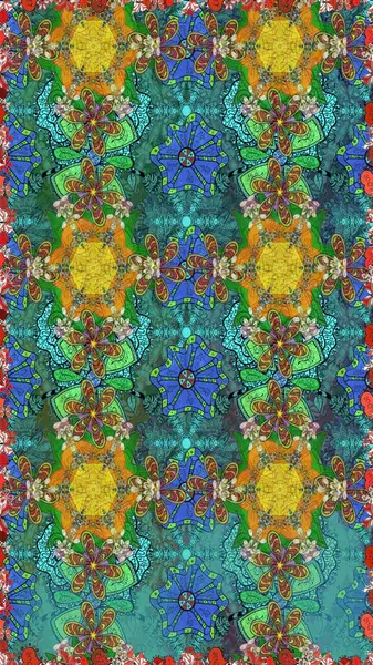 Kusursuz çiçek deseni. Asya tekstil tarzında. Raster illüstrasyonu. Mavi ve yeşil renkli çiçekler. Raster illüstrasyonu.