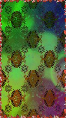 Klasik taslak çizimi. Raster çiçek izi. Çiçek yeşili ve kahverengi desenli..