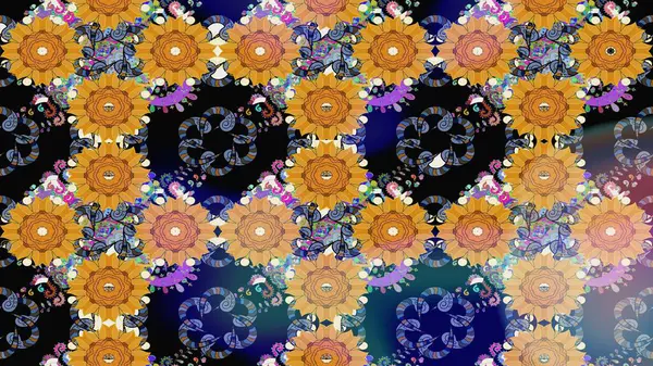 Raster illüstrasyonundaki çiçek desenli çizim. Mavi renkte çiçekler.