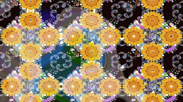 Renkli Bahar Teması eskiz kalıbı. Raster illüstrasyonu. Sarı renkli çiçekler. Asya tekstil tarzında. Düz Çiçek Elementleri Tasarımı. Çiçek desenini çiz.