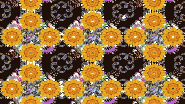 Raster illüstrasyonu. Taslak desenli, modaya uygun kumaş deseni. Renkli Bahar Teması eskiz kalıbı. Düz Çiçek Elementleri Tasarımı. Şirin çiçek elementleri..