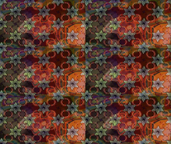 Kahverengi ve yeşil renkli çiçekler. Düz Çiçek Elementleri Tasarımı. Renkli Yaz Temalı Kusursuz Arkaplan. Raster illüstrasyonunda trendsiz çiçek deseni.