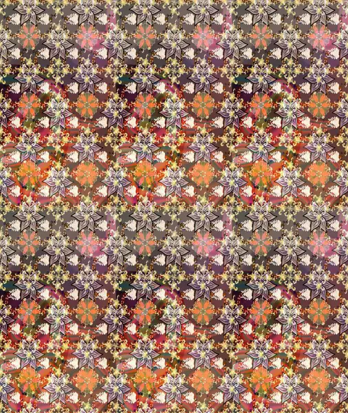 Kahverengi renkli Asya tekstili. Raster illüstrasyonu. Suluboya çiçekli çiçek deseni.