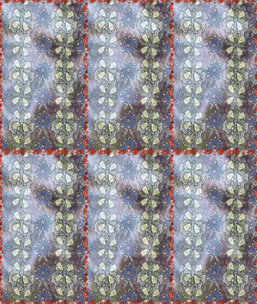 Renkli Yaz Temalı Kusursuz Arkaplan. Raster Illustrasyon 'da moda olmayan çiçek deseni. Düz Çiçek Elementleri Tasarımı. Gri ve nötr renkte çiçekler.