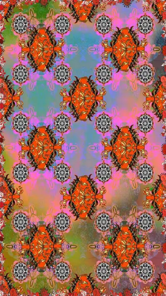 Çiçeksel kahverengi ve turuncu dikişsiz desen. Klasik taslak çizimi. Raster çiçek izi..