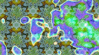 Yeşil renkli bitkilerden oluşan parlak çiçekli çizim deseni.