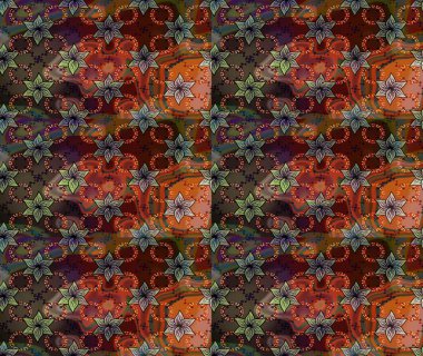 Kahverengi ve yeşil renkli çiçekler. Düz Çiçek Elementleri Tasarımı. Renkli Yaz Temalı Kusursuz Arkaplan. Raster illüstrasyonunda trendsiz çiçek deseni.