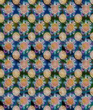 Çiçek desenli çizim. Raster illüstrasyonu. Asya tekstil tarzında. Mavi renkli çiçekler. Renkli Bahar Teması eskiz kalıbı. Düz Çiçek Elementleri Tasarımı.