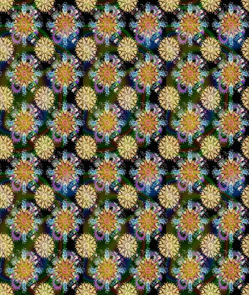 Çiçeksel fantezi tasarımı ve parlak bir arka plan çizimi. Renkli Bahar Teması eskiz kalıbı. Düz Çiçek Elementleri Tasarımı.