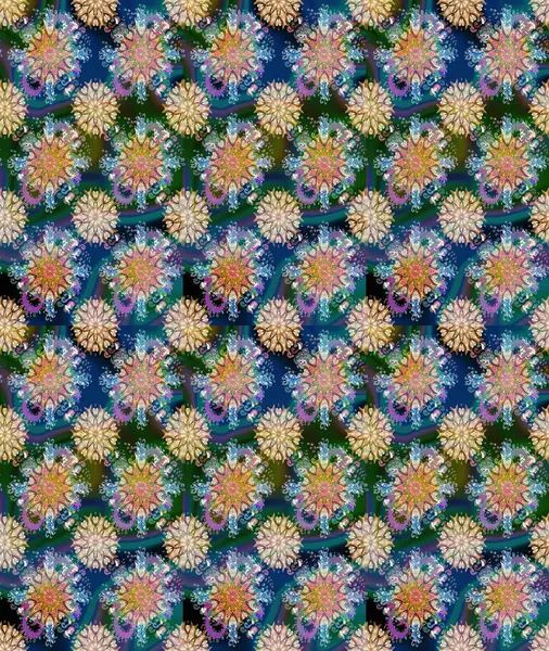 Çiçek desenli çizim. Raster illüstrasyonu. Asya tekstil tarzında. Mavi renkli çiçekler. Renkli Bahar Teması eskiz kalıbı. Düz Çiçek Elementleri Tasarımı.