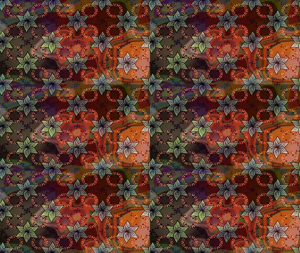 Kahverengi ve yeşil renkli çiçekler. Düz Çiçek Elementleri Tasarımı. Renkli Yaz Temalı Kusursuz Arkaplan. Raster illüstrasyonunda trendsiz çiçek deseni.