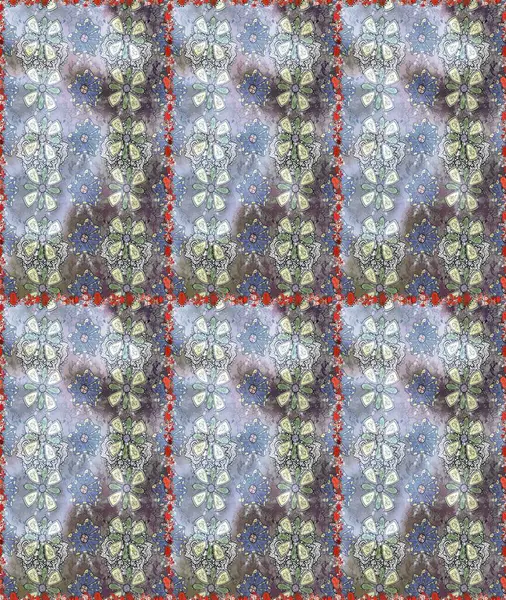 Renkli Yaz Temalı Kusursuz Arkaplan. Raster Illustrasyon 'da moda olmayan çiçek deseni. Düz Çiçek Elementleri Tasarımı. Gri ve nötr renkte çiçekler.