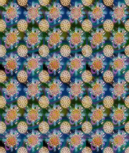 Çiçek desenli çizim. Raster illüstrasyonu. Asya tekstil tarzında. Mavi renkli çiçekler. Renkli Bahar Teması eskiz kalıbı. Düz Çiçek Elementleri Tasarımı.