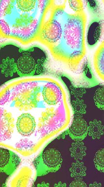 Raster illüstrasyonu. Çiçekli karalama şeklinde Raster çiçek deseni. Yeşil ve sarı renklerde bahar çiçekleri..