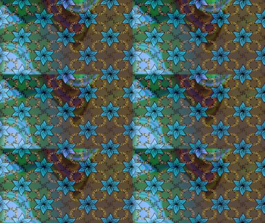 Renkli grunge, soyut arkaplanı, koyu kahverengi ve mavi çiçeklerle süslüyor. Parmak izi, kumaş, duvar kâğıdı, tekstil için raster dokusu. İşlemeli çiçek desenli..