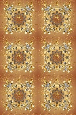 Kına dövmeli süs çiçekleri, altın çıkartmalar, mehndi ve yoga tasarımı, kartlar ve parmak izleri. Raster Golden Mehndi kusursuz desen. Kahverengi, nötr ve bej renkli desen.