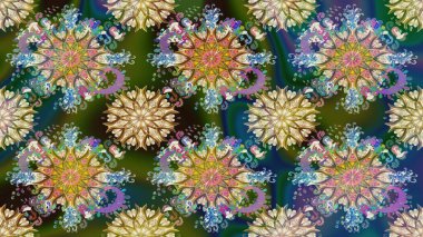 1950-1960 motifleri. Yeşil yeşile. El çizimi çiçek unsurları olan soyut çizim raster deseni. Retro tekstil tasarım koleksiyonu. Çiçekli ipek eşarp..