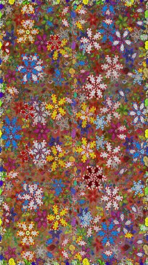 Renkli Bahar Temalı Kusursuz Arkaplan. Düz Çiçek Elementleri Tasarımı. Raster Modaya uygun kumaş deseni. Kahverengi ve kırmızı renkli şirin çiçek deseni.