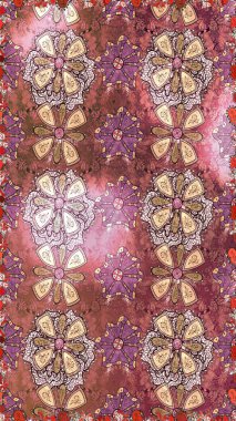 Millefleur 'lar. Tekstil, kumaş, kapaklar, duvar kağıtları, baskı, naylon, yapıştırma, örgü, dekupaj için çiçeksiz arkaplan. Küçük kahverengi ve pembe renkte güzel bir besin torbası deseni, çiçekler..