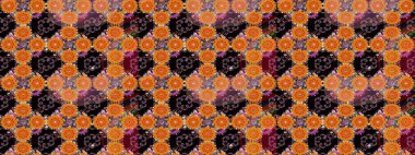 Turuncu ve siyah renklerde etnik çiçeklerle kusursuz bir desen. Asya Tekstil 'inde Raster Çiçek İllüstrasyonu.