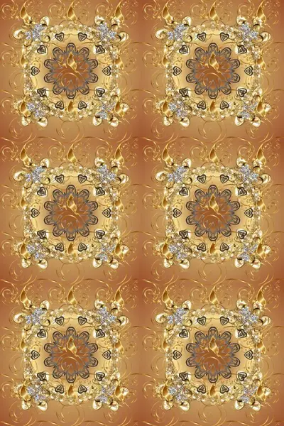 Kına dövmeli süs çiçekleri, altın çıkartmalar, mehndi ve yoga tasarımı, kartlar ve parmak izleri. Raster Golden Mehndi kusursuz desen. Kahverengi, nötr ve bej renkli desen.